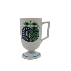 Vintage MCM Footed Apple Mug Green Navy Paisley Ceramic Pedestal Cup